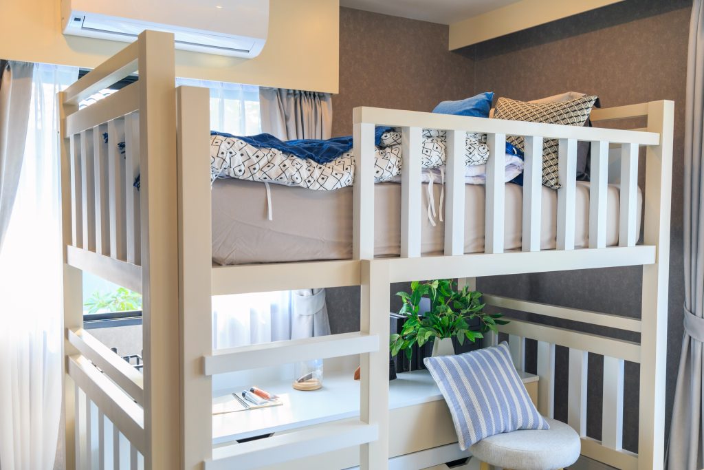 wooden loft bed with desk